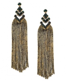 Go for the bold. These drop earrings from Bar III are crafted from antique gold-tone mixed metal with crystals and dazzling tassels enhancing the chevron motif. Approximate drop: 4-1/2 inches. Go for the bold. These drop earrings from Bar III are crafted from antique gold-tone mixed metal with crystals and dazzling tassels enhancing the chevron motif. Approximate drop: 4-1/2 inches.