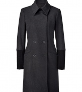 Sophisticated dark charcoal wool-blend coat - Stay warm and look chic this winter in this stylish wool-blend coat - Sleek double-breasted cut and edgy ribbed sleeve detail - Wear with wide-leg trousers, a pullover, and heels for a professional look - Try with leggings, a mini-dress, and knee-high boots