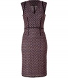 Artfully crafted with one of Missonis signature knit motifs, this lavender and black wool and viscose dress lends easy elegance to any wardrobe - Feminine, curve-contouring silhouette - Bodice features a deep v-neck, half sleeves and decorative contrast trim and seams - Easily transitions from the office to evenings out - Pair with a cropped jacket and leather boots, ankle booties or heels