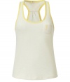 Casual yet sexy tank of fine, white synthetic-cotton blend - Feminine slim cut with round neckline, medium straps and a racer back - Decorative piping and small chest pocket - Favorite tank for relaxation or recreation - Fits well with jeans, athletic shorts or matching lounge pants