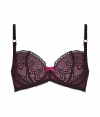 Add seductive appeal to the everyday with this lace-laden contour bra from Elle MacPherson Intimates - Pink with contrasting black lace overlay, front bow detail, underwire, soft cups, thin adjustable straps, back hook and eye closure - Style with a low-cut top or party-ready frock