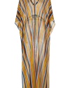 Make a dramatic poolside debut it Missonis ultra glamorous rainbow striped kaftan - V-neckline in front and back, draped 3/4 length sleeves, drawstring waistline, petrol stitched trim - Softly fitted with an adjustable drawstring waistline - Pair with studded sandals and an oversized statement tote