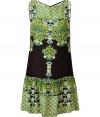 Work an opulent edge into your city-chic warm weather staples with Anna Suis printed bamboo shift - Wide neckline, thick straps, hidden back zip, dropped waistline, softly gathered skirt - Loosely fitted - Wear with black ballerinas and bright green accessories