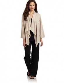 THE LOOKDraped shawl collarOpen-front styleLong sleevesAsymmetrical, draped front hemTHE FITAbout 38 from shoulder to hemTHE MATERIAL62% polyester/33% rayon/5% spandexCARE & ORIGINMachine washImportedModel shown is 5'11 (180cm) wearing US size Small. THE LOOKDraped shawl collarOpen-front styleLong sleevesAsymmetrical, draped front hemTHE FITAbout 38 from shoulder to hemTHE MATERIAL62% polyester/33% rayon/5% spandexCARE & ORIGINMachine washImportedModel shown is 5'11 (180cm) wearing US size Small.