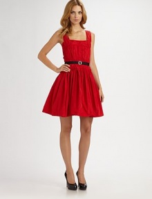 This festive, full-skirted taffeta design is cinched at the waist with a slim contrasting belt.Sleeveless Square neckline Shirred straps and bodice Contrast belt Back zip Fully lined About 22 from natural waist Polyester Dry clean Imported