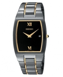 Stealthy style with a smooth shape. This Seiko watch features a black ion-plated stainless steel bracelet with goldtone accents and case, 30mm. Black dial with goldtone logo, date window and roman numerals at twelve o'clock and six o'clock. Analog quartz movement. Water resistant to 30 meters. Three-year limited warranty. Stealthy style with a smooth shape. This Seiko watch features a black ion-plated stainless steel bracelet with goldtone accents and case, 30mm. Black dial with goldtone logo, date window and roman numerals at twelve o'clock and six o'clock. Analog quartz movement. Water resistant to 30 meters. Three-year limited warranty.