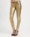 Lustrous goldtone finish gives these leggings-style skinny jeans a new lease of life. THE FITRise, about 8Inseam, about 30THE DETAILSButton closureZip flyFour-pocket styleCotton/polyester/elastaneDry cleanMade in USA of imported fabricModel shown is 5'10 (177cm) wearing US size 4.