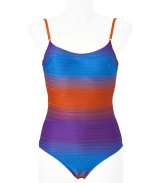 As stylish as it is sophisticated, La Perlas vibrant, viscose blend swimsuit is guaranteed to turn heads - Classic maillot cut in rich shades of deep orange, purple and blue - Underwire top offers flattering structure and support - Feminine and sexy, a must for your next getaway or for anytime spent poolside - Pair with a sheer caftan and wedges or leather sandals