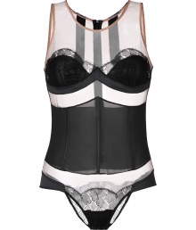 With its peek-a-boo lace and daring sheer paneling, La Perlas black bodysuit cuts an exquisitely flattering figure, perfect for giving your look that edge of vintage glamour - Rounded neck, sleeveless, scalloped trim, hidden back zip, sheer lace and satin bra detail, semi-sheer corset-effect paneling around the waist, sheer lace panties with hook and eye closures - Wear under party dresses, or alone for seriously seductive lounging With its peek-a-boo lace and daring sheer paneling, La Perlas black bodysuit cuts an exquisitely flattering figure, perfect for giving your look that edge of vintage glamour - Rounded neck, sleeveless, scalloped trim, hidden back zip, sheer lace and satin bra detail, semi-sheer corset-effect paneling around the waist, sheer lace panties with hook and eye closures - Wear under party dresses, or alone for seriously seductive lounging