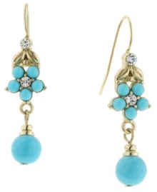 Summer's favorite hue. Bright turquoise beading and subtly sparkling glass accents adorn 2028's intricate flower drop earrings. Set in gold tone mixed metal. Approximate drop: 1-1/4 inches.