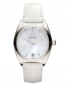 A mesmerizing mother-of-pearl dial adds allure to the sleek design of this Emporio Armani watch.