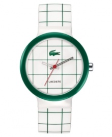 Hit the courts or the office with this upbeat men's and women's watch from Lacoste. White and green patterned silicone strap. Round green plastic case and round green and white patterned dial with logo. Quartz movement. Water resistant to 30 meters. Two-year limited warranty. Hit the courts or the office with this upbeat men's and women's watch from Lacoste. White and green patterned silicone strap. Round green plastic case and round green and white patterned dial with logo. Quartz movement. Water resistant to 30 meters. Two-year limited warranty.