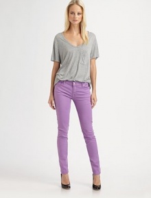 The eye-popping appeal of color in your favorite denim skinnies.THE FITSlim fitRise, about 8Inseam, about 30THE DETAILSZip flyFive-pocket style98% cotton/2% spandexDry cleanMade in USA of imported fabric The eye-popping appeal of color in your favorite denim skinnies.THE FITSlim fitRise, about 8Inseam, about 30THE DETAILSZip flyFive-pocket style98% cotton/2% spandexDry cleanMade in USA of imported fabric