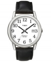 A great wear-anywhere watch by Timex. Smooth black leather strap and round silvertone mixed metal case. White dial with black numerals, logo and date window. Analog movement. Water resistant to 30 meters. One-year limited warranty.