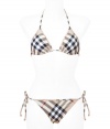 Work an iconic edge into poolside looks with Burberry Brits characteristic check string bikini - Lightly padded top with string ties, bikini bottoms with side string ties - Medium coverage - Wear with sleek leather sandals and an oversized beach tote