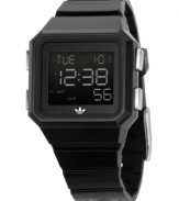 Sporty style with fantastic multifunctionality. This unisex adidas watch features a black polyurethane strap and square polycarbonate case. Logo at bezel. Digital chronograph dial with 10-lap memory, timer and alarm. Water resistant to 50 meters. Two-year warranty.