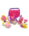 Everything necessary for the little girl-on-the-go fits into this pretty purse! This soft play set includes a cell phone that chimes, a key-ring with keys, a change purse with coins and a compact with a child-safe mirror. Everything is easily removed and replaced into the charming pink purse with a purple handle. This durable set will provide hours of pretend fun!