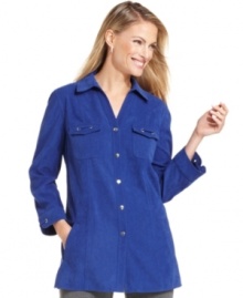 JM Collection's faux suede petite shirt adds a luxurious touch to any ensemble. Wear it snapped-up as a shirt, or keep it open and layer it as a jacket! JM Collection's faux suede petite shirt adds a luxurious touch to any ensemble. Wear it snapped-up as a shirt, or keep it open and layer it as a jacket!