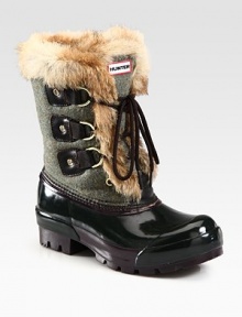 Practical yet stylish rubber essential, topped with a wool shaft, long laces and soft rabbit fur. Rubber heel, 1 (25mm)Shaft, 8Leg circumference, 10Wool and rubber upper with rabbit fur trimWool liningRubber trek solePadded insoleImported Practical yet stylish rubber essential, topped with a wool shaft, long laces and soft rabbit fur. Rubber heel, 1 (25mm)Shaft, 8Leg circumference, 10Wool and rubber upper with rabbit fur trimWool liningRubber trek solePadded insoleImported