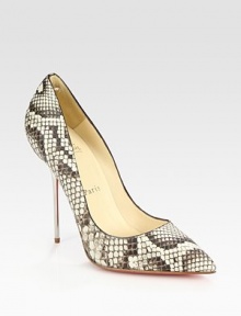 Lifted by a towering metal heel, multi-tone python adds dimension to this iconic point toe silhouette. Metal heel, 5 (125mm)Python upperLeather liningSignature red leather solePadded insoleMade in ItalyPlease note: Python pattern may vary.OUR FIT MODEL RECOMMENDS ordering one half size up as this style runs small. Lifted by a towering metal heel, multi-tone python adds dimension to this iconic point toe silhouette. Metal heel, 5 (125mm)Python upperLeather liningSignature red leather solePadded insoleMade in ItalyPlease note: Python pattern may vary.OUR FIT MODEL RECOMMENDS ordering one half size up as this style runs small.