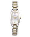 Inspired by classic design, this watch by Caravelle by Bulova exudes captures timelessness. Two-tone mixed metal bracelet and tonneau case. Silver tone sunray dial features gold tone dot markers, numerals at twelve and six o'clock, gold tone hour and minute hands, sweeping second hand and logo. Quartz movement. Water resistant to 30 meters. Two-year limited warranty.