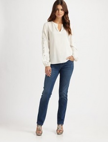 From top to bottom this airy design exemplifies feminine charm, thanks to a gorgeous scalloped neckline and whimsical sleeves.Pretty v-necklineGathered long sleevesAbout 25 from shoulder to hem95% silk/5% elastaneDry cleanImported of Italian fabric Model shown is 5'9½ (176cm) wearing US size Small. 