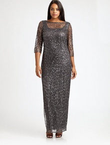 Here's a dress as special as the occasion, a flattering column of metallic lace, dotted with sequins, glistening all the way to the floor.Boat neckline in front, deep V in backThree-quarter sleevesBack zip closureStraight shapeHigh slit on one sideSeparate stretch satin slip liningAbout 45 from natural waistPolyester/metallicDry cleanImported Here's a dress as special as the occasion, a flattering column of metallic lace, dotted with sequins, glistening all the way to the floor.Boat neckline in front, deep V in backThree-quarter sleevesBack zip closureStraight shapeHigh slit on one sideSeparate stretch satin slip liningAbout 45 from natural waistPolyester/metallicDry cleanImported