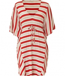 Up the ante on casual summer basics with this classically chic caftan top from Ella Moss - Super-soft, flattering rayon stretch blend in a vibrant cherry stripe - Billowy, dolman-style top with short sleeves, deep v-neck and gathered tie waist - Relaxed cut hits above the knee - Ideal for beach layering on top of a bikini with leather sandals, or for pairing with skinny denim and ballet flats Up the ante on casual summer basics with this classically chic caftan top from Ella Moss - Super-soft, flattering rayon stretch blend in a vibrant cherry stripe - Billowy, dolman-style top with short sleeves, deep v-neck and gathered tie waist - Relaxed cut hits above the knee - Ideal for beach layering on top of a bikini with leather sandals, or for pairing with skinny denim and ballet flats