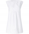 Luxe dress in fine, pure white cotton - Gorgeous, densely woven fabric features rich, intricate embroidery at hem and half-sleeves - Slim, modified A-line silhouette and flattering empire waist - Round neck with key hole detail at bodice - Gently pleated skirt hits above the knee - Romantic and ultra-feminine, perfect for parties and evenings out - Pair with strappy sandals or peep toe pumps and a statement clutch