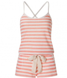 Light-hearted jumpsuit in fine poly-cotton blend is a sweet mix of casual and sexy - Features summer peach and white stripes - Narrow top with love cut back and cross straps - Short-shorts with drawstring waist and pockets - Wear with simple thong sandals at the beach, around town or on vacation Light-hearted jumpsuit in fine poly-cotton blend is a sweet mix of casual and sexy - Features summer peach and white stripes - Narrow top with love cut back and cross straps - Short-shorts with drawstring waist and pockets - Wear with simple thong sandals at the beach, around town or on vacation