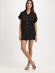 Gold buttons add an elegant touch to this tailored coverup. Button-front styleShort sleevesFront patch pockets95% polyester/5% spandexHand washImported Gold buttons add an elegant touch to this tailored coverup. Button-front styleShort sleevesFront patch pockets95% polyester/5% spandexHand washImported