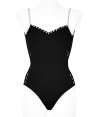 Luxurious one-piece bathing suit in fine, black and white synthetic fiber brings sexy, understated style to vacation - Features high-cut legs, deep back, and thin straps - Design has peek-a-boo lace-up effect at sides and decorative stitching at neckline - Stretch push-up fit is flattering to all figures - Indispensable basic for summer and vacation wardrobes