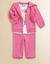 An adorable coordinating set includes a zip-front hoodie and matching sweatpants for a sporty, yet girlie, ensemble. Hoodie Attached hoodLong sleevesFront zip closure with 'J' pullRib-knit cuffs and hemSplit kangaroo pockets Pants Elastic waistband80% cotton/20% polyesterMachine washImported