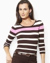 A classic ribbed cotton tee is given a chic update with three quarter length sleeves and an elegant scoop neckline.