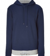 Stylish pullover in fine, pure dark blue cotton - Soft yet ultra-durable material - Classic, slim cut hoodie style with long sleeves - Drawstring and contrast trim at hem - Sporty and cool, ideal for everyday leisure - Pair with jeans, chinos, shorts or track pants