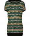 Give your look a vivid uplift in Missoni Ms green-multi zigzag knit top - Round neckline, cap sleeves, black ribbed knit trim - Loose fit - Wear with a knit skirt and sophisticated heels