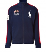 For a modern riff on a venerable classic, try Ralph Laurens big logo zip up jacket - Ultra soft, sueded navy fleece with decorative red and white stripes at sleeve - Slim, straight cut - Small stand up collar and full zipper - Oversize polo pony logo at chest, numbered sleeve and XL numbered team graphic at back - Casually cool, ideal for everyday leisure - Pair with jeans, chinos or shorts