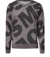 Logo-detailed and ultra-cool, this bold sweatshirt from Marc by Marc Jacobs adds a stylish jolt to your casual look - Crew neck, long raglan sleeves, allover logo and stripe print, banded hem, slim fit - Wear with sport pants, jeans, or shorts