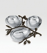 Symbolizing peace and harmony, the olive branch and its shapely leaves gracefully hold three gleaming little bowls for serving condiments or snacks. From the Olive Branch CollectionStainless steel and oxidized bronze1½H X 8W X 8½LHand washImported