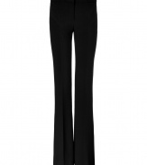 Luxe pants in fine, black synthetic fiber blend - New, feminine silhouette is long, lean and undeniably flattering - Crease detail from knee to hem lengthens the leg, slimming asymmetric seams at hip contour curves - Narrow cut widens into a slightly flared leg - Sophisticated and sexy, a must for day or evening - Style with a tie-neck blouse, blazer and platform pumps
