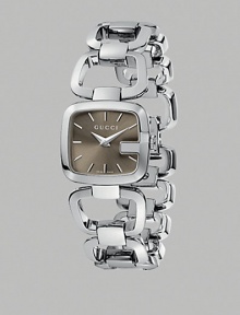 Iconic G-framed rectangular case, linked to a glamorous bracelet, encloses an attractive sun-brushed dial. Quartz movement Water resistant to 30 meters Rectangular steel case, 24mm X 22½mm Sun-brushed dial with markers Steel link bracelet Made in Switzerland Iconic G-framed rectangular case, linked to a glamorous bracelet, encloses an attractive sun-brushed dial. Quartz movement Water resistant to 30 meters Rectangular steel case, 24mm X 22½mm Sun-brushed dial with markers Steel link bracelet Made in Switzerland