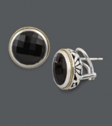Intensify your look with bold, circular studs. Effy Collection earrings feature round-cut onyx (19-5/8 ct. t.w.) in an intricate sterling silver and 18k gold setting. Approximate diameter: 1/2 inch.