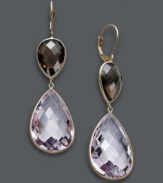Aesthetically alluring. Turn heads in double drops of shimmer, including pear-cut pink amethyst (34-1/2 ct. t.w.) and smokey quartz (9 ct. t.w.). Set in 14k gold. Approximate drop: 2 inches.
