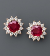 Style with a regal flair. These head-turning earrings by Effy Collection feature bright red rubies (2 ct. t.w.) surrounded by a halo of sparkling round-cut diamonds (5/8 ct. t.w.). Set in 14k rose gold. Approximate diameter: 1/2 inch.