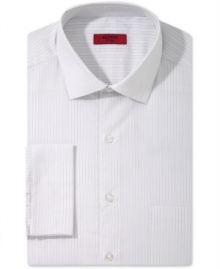 Shine up your office attire with this metallic-striped, fitted shirt from Alfani RED. Shine up your office attire with this metallic-striped, fitted shirt from Alfani RED.