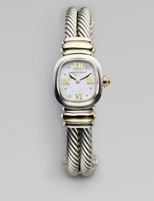 Twice the texture, twice the richness, with two twisted cables of sterling silver, accented with 18K yellow gold. Swiss quartz movement Rounded rectangular sterling silver case, 19mm White mother-of-pearl dial Golden Roman numerals and dot hour markers Scratch-resistant sapphire crystal 18K gold crown Sterling silver cable bracelet with 18K gold accents, 10mm Water-resistant to three ATM Imported Twice the texture, twice the richness, with two twisted cables of sterling silver, accented with 18K yellow gold. Swiss quartz movement Rounded rectangular sterling silver case, 19mm White mother-of-pearl dial Golden Roman numerals and dot hour markers Scratch-resistant sapphire crystal 18K gold crown Sterling silver cable bracelet with 18K gold accents, 10mm Water-resistant to three ATM Imported