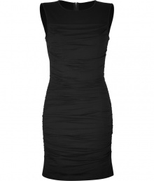 Cut a feminine figure at cocktail hour in DKNYs ultra-flattering ruched black dress - Round neckline, sleeveless, exposed metal back zip - Form-fitting - Wear with heels, a leather jacket, and clutch for city cocktails Cut a feminine figure at cocktail hour in DKNYs ultra-flattering ruched black dress - Round neckline, sleeveless, exposed metal back zip - Form-fitting - Wear with heels, a leather jacket, and clutch for city cocktails