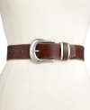 The classic leather belt gets an equestrian upgrade with this Calvin Klein design. Features a chic silver tone metal belt loop.
