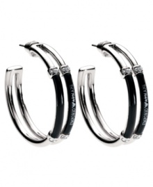 Chic Italian style for everyday, by Emporio Armani. Logo-embossed earrings in stainless steel and black enamel with crystal accents. Approximate diameter: 1 inch. Chic Italian style for everyday, by Emporio Armani. Logo-embossed earrings in stainless steel and black enamel with crystal accents. Approximate diameter: 1 inch.