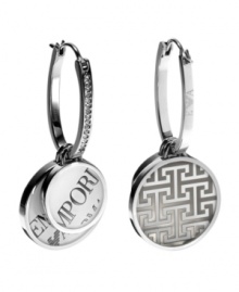 Boast your favorite brand. These Emporio Armani huggie earrings feature circular charms with the company logo finished in lacquer and accented by sparkling crystals. Crafted in stainless steel. Approximate drop: 1-1/2 inches. Boast your favorite brand. These Emporio Armani huggie earrings feature circular charms with the company logo finished in lacquer and accented by sparkling crystals. Crafted in stainless steel. Approximate drop: 1-1/2 inches.